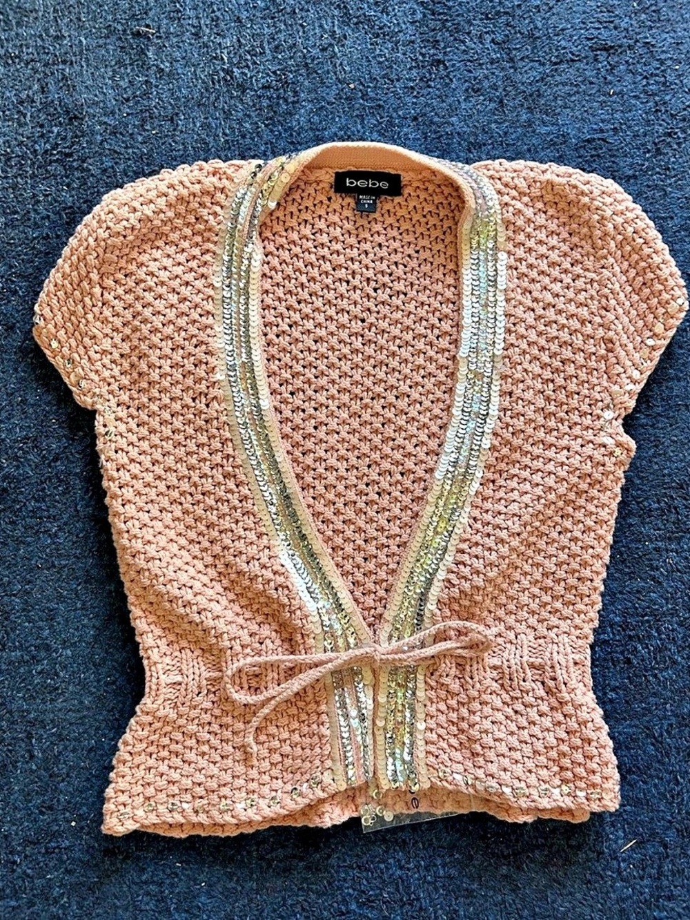bebe Pink Sequin Trim Short Sleeve Top Size Small